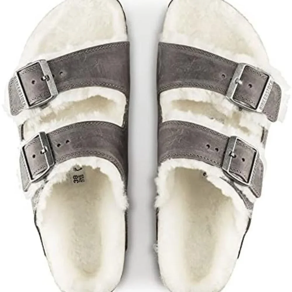 NWB! Birkenstock Men's Arizona Shearling Sandals, Iron/Natural, Grey, Tan, 8 US